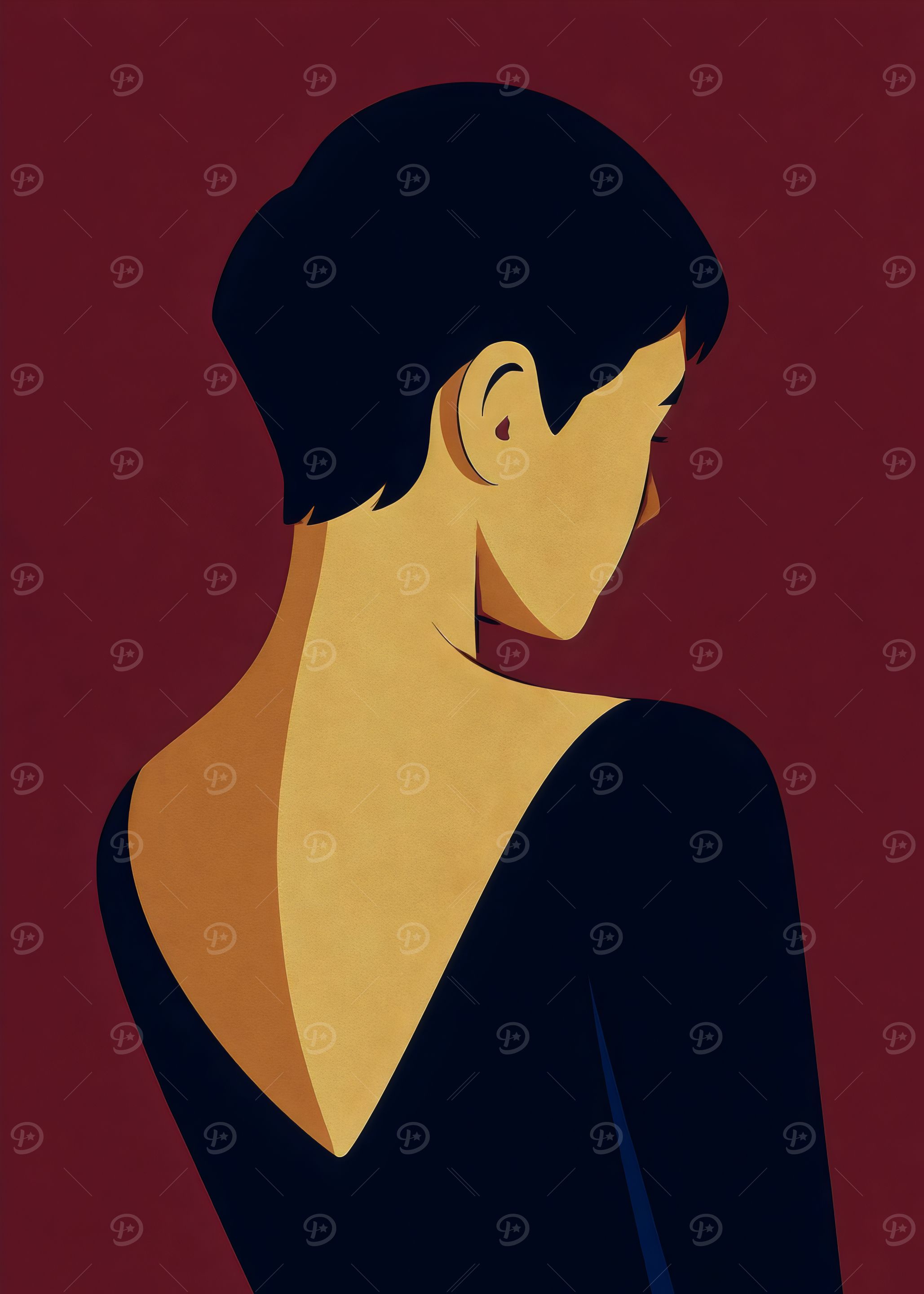 Minimalist Back View – Art Deco Woman with Short Hair