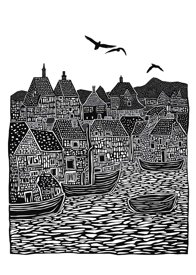 Black and White Coastal Village Scene