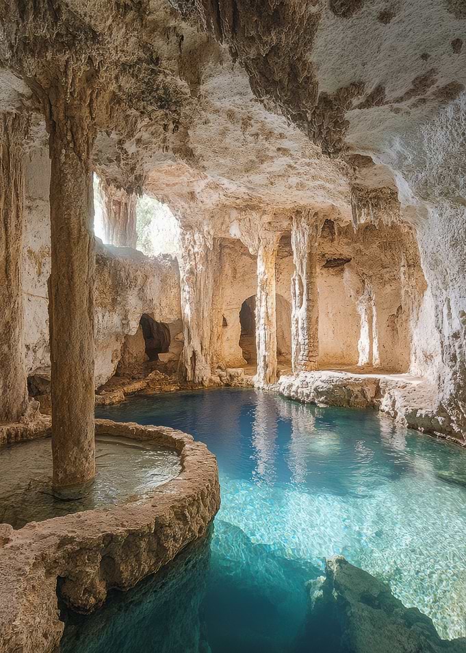 Underground Cave with Blue Water Pool