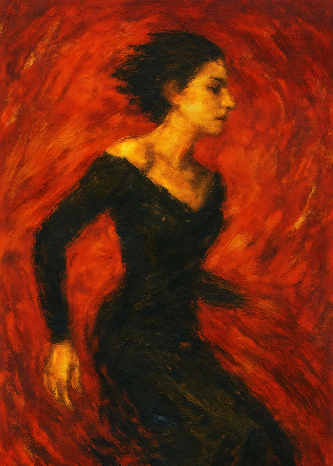 In Motion – Expressive Woman in Red Storm