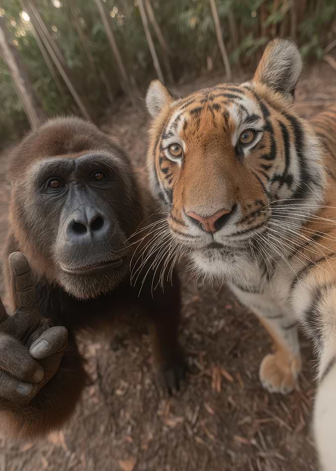 Funny Gorilla and Tiger Selfie
