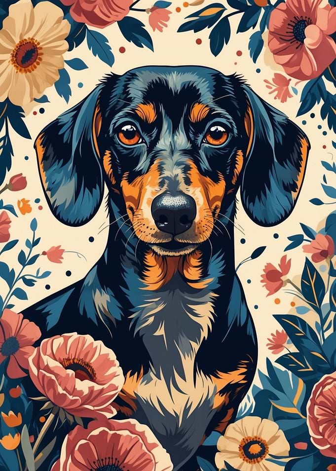 Dachshund Portrait with Floral Background