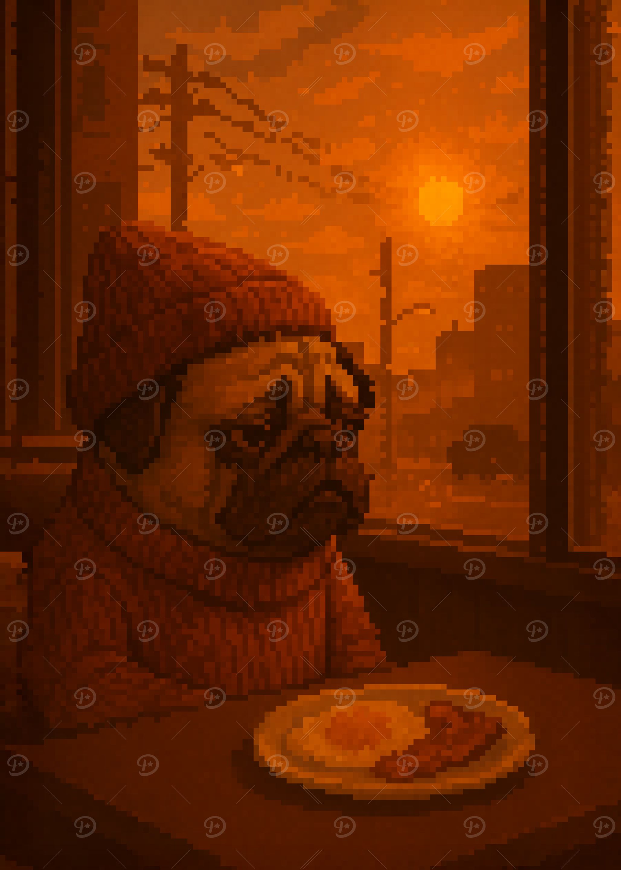 Lone Sad Pug Pixel Art with Bacon and Egg Funny Cute Dog Theme