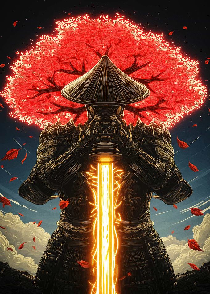 Samurai with Glowing Sword and Tree