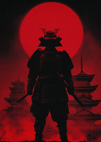 Samurai Warrior Silhouette with Red Moon