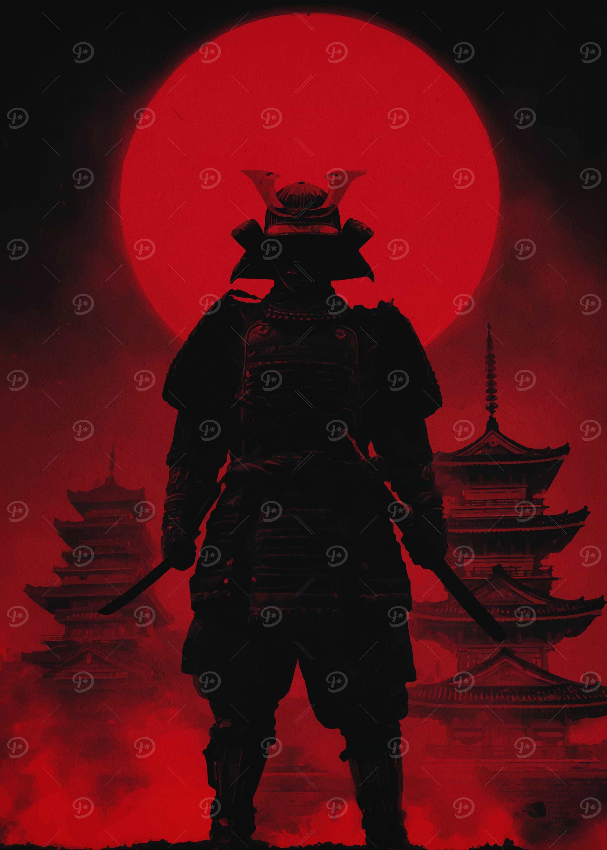 Samurai Warrior Silhouette with Red Moon