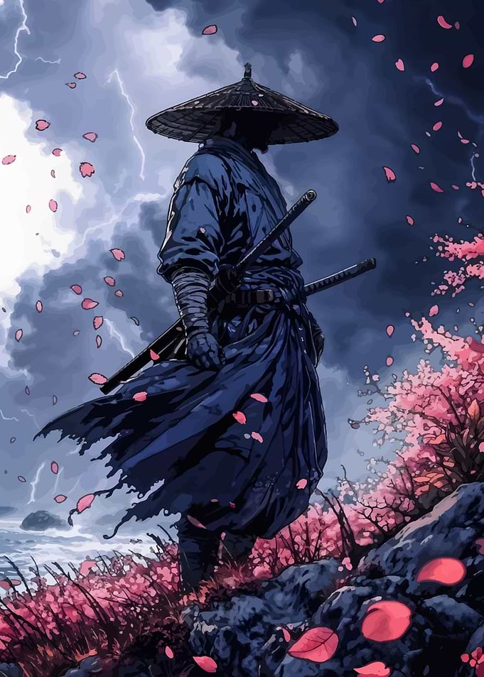 Samurai in Storm with Cherry Blossoms