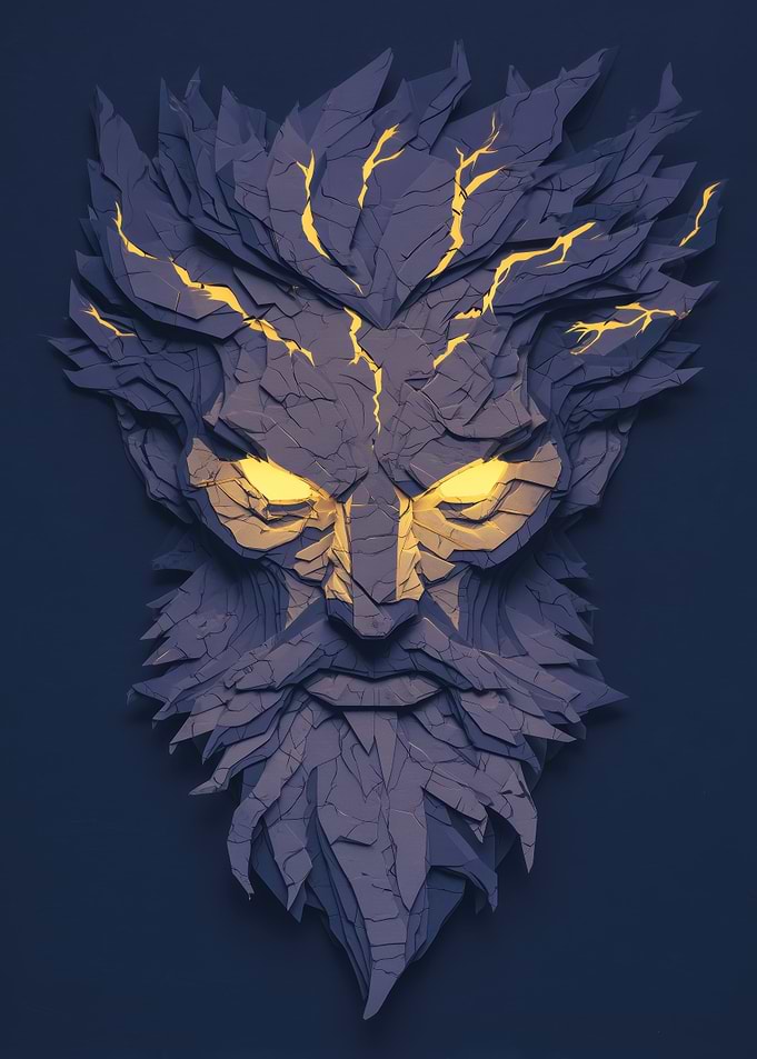 Stone God Face with Glowing Eyes