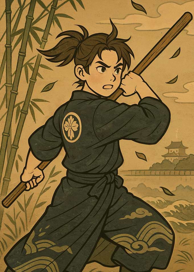 Anime Samurai with Staff and Bamboo