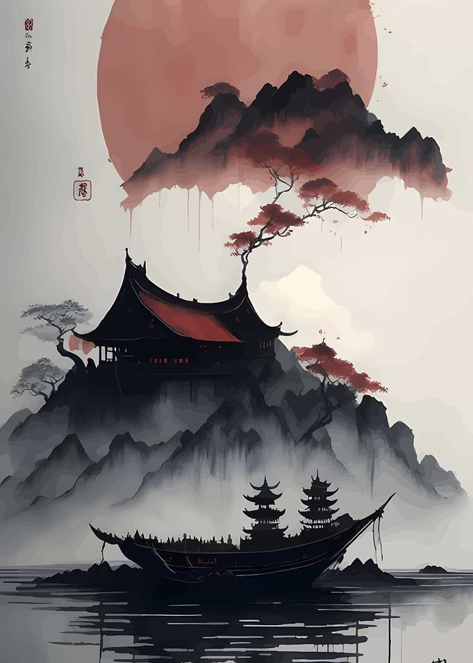 Japanese Landscape with Temple and Boat