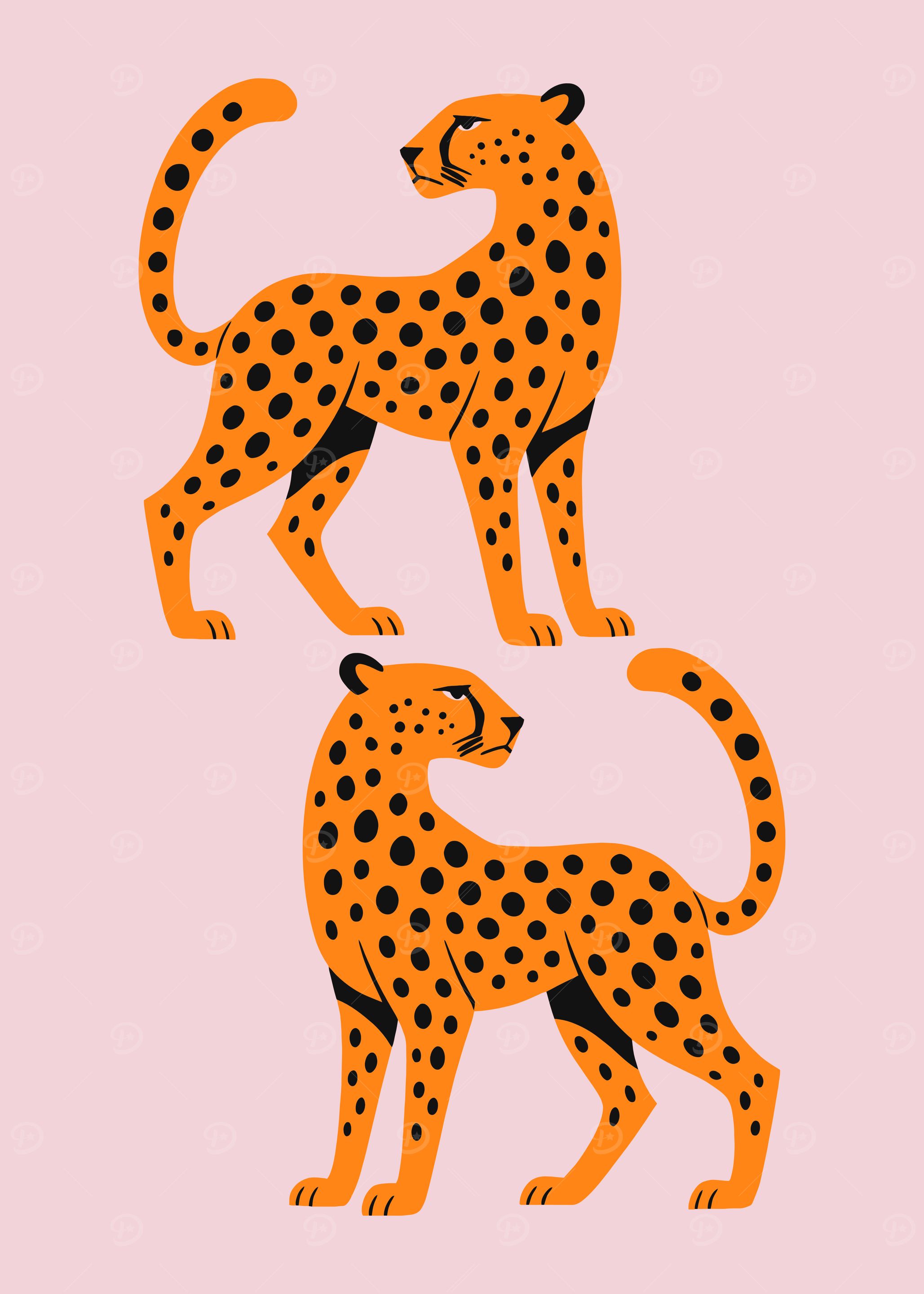 Two stylized cheetahs on pink background