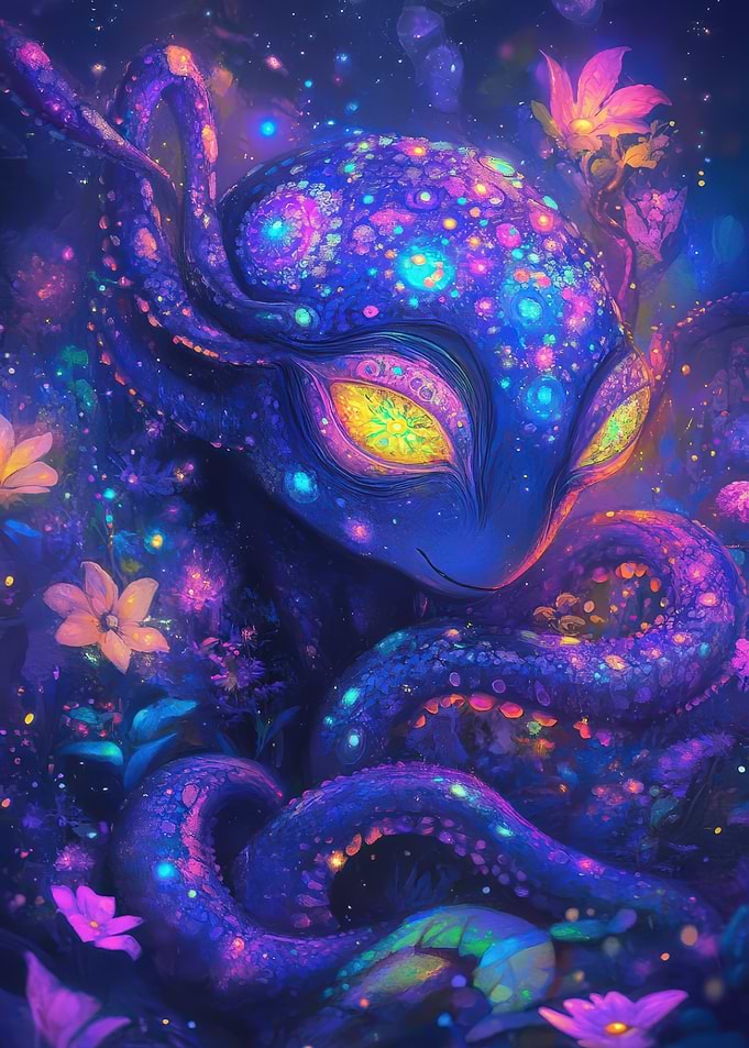 Cosmic Octopus in Floral Fantasy