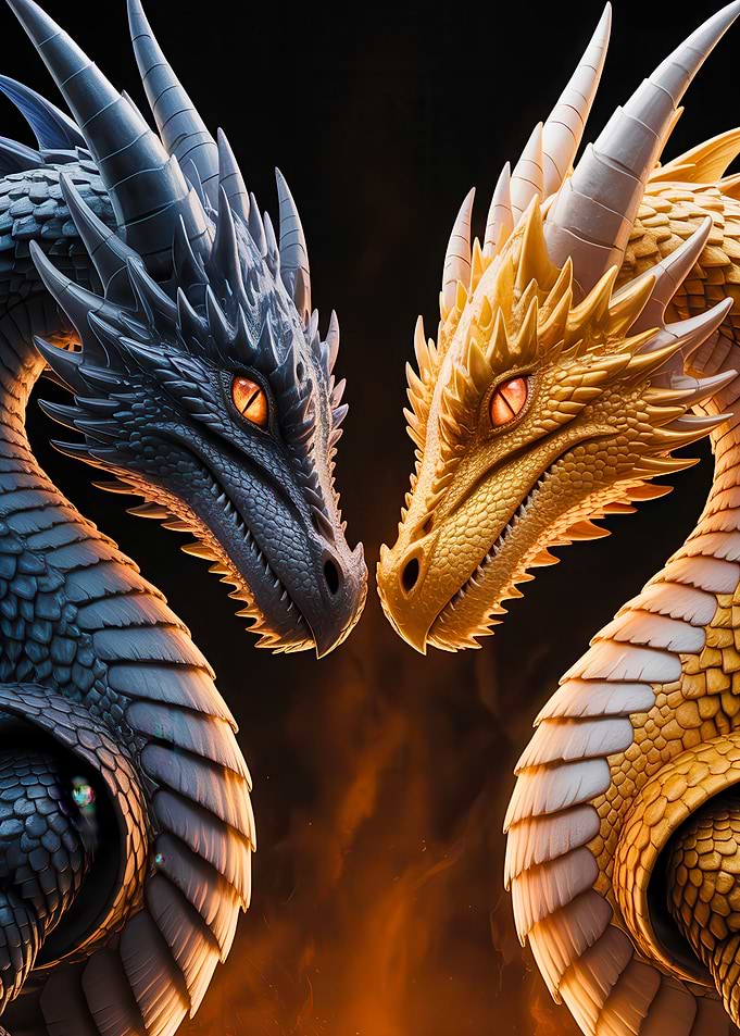 Celestial Clash – Azure & Ember Dragons in Inferno Standoff