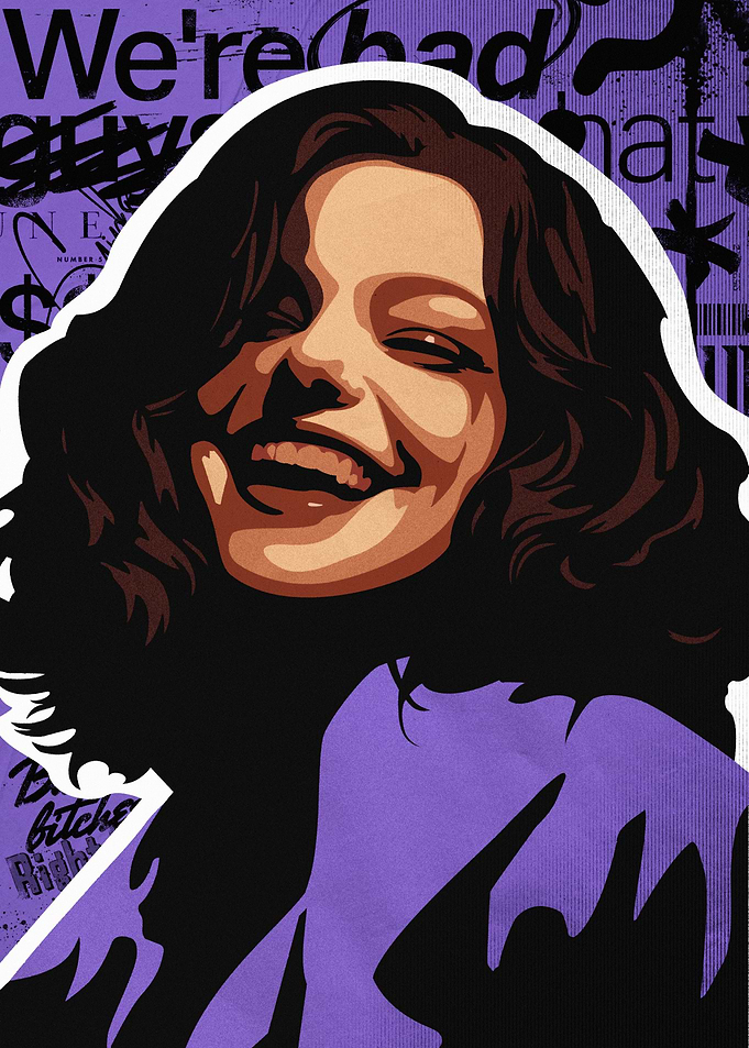 Smiling Woman and Villain in a Pop Art Collage on a Purple Background