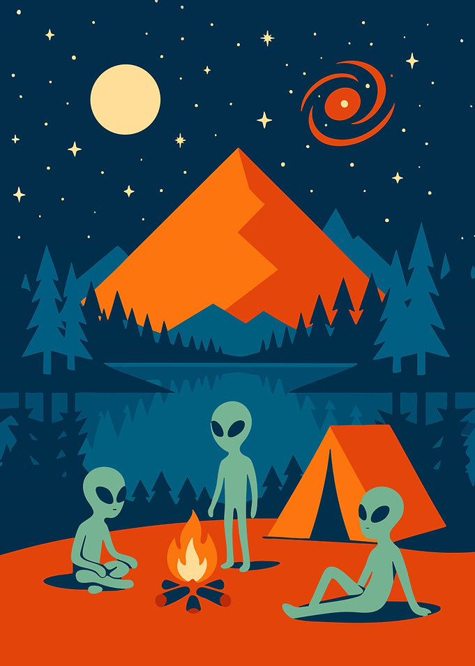 Cute Aliens Camping Under the Stars Cozy Minimalist Nature Art Illustration