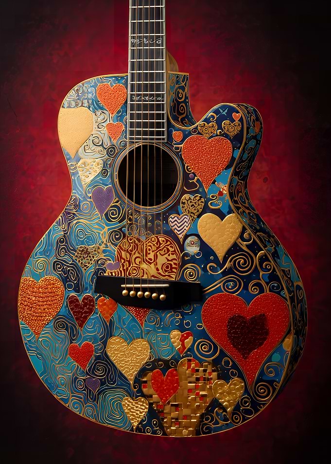 Ornate Heart-Themed Acoustic Guitar