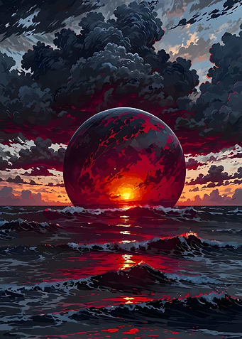 Red Planet Rising Over Ocean
