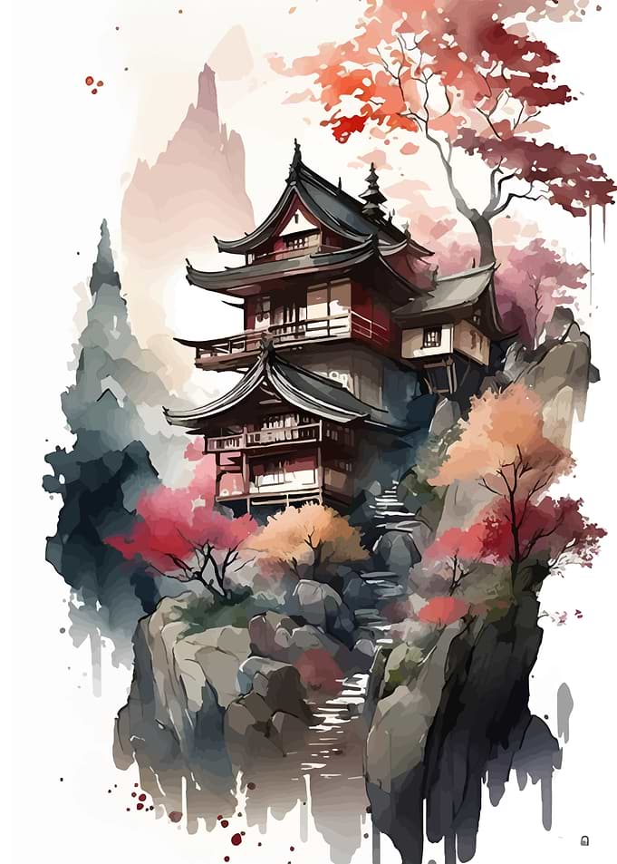 Japanese Temple Watercolor Landscape