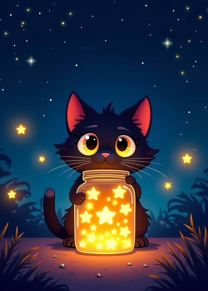 Enchanted Whiskers – Starlit Cat & Golden Jar in Moonlit Serenity