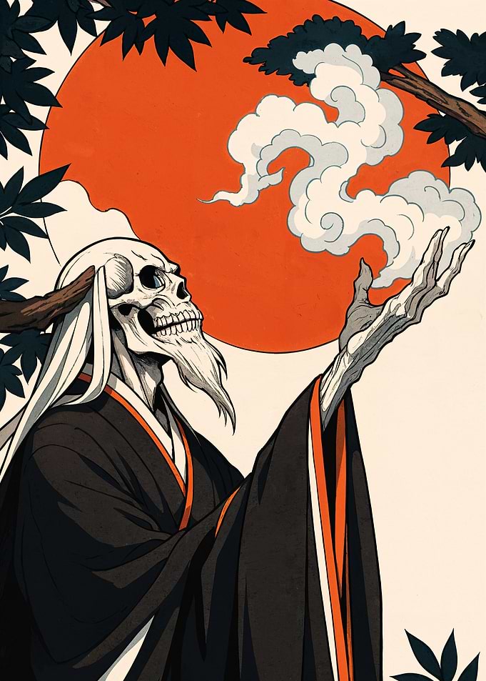Skeleton Monk with Smoke and Moon