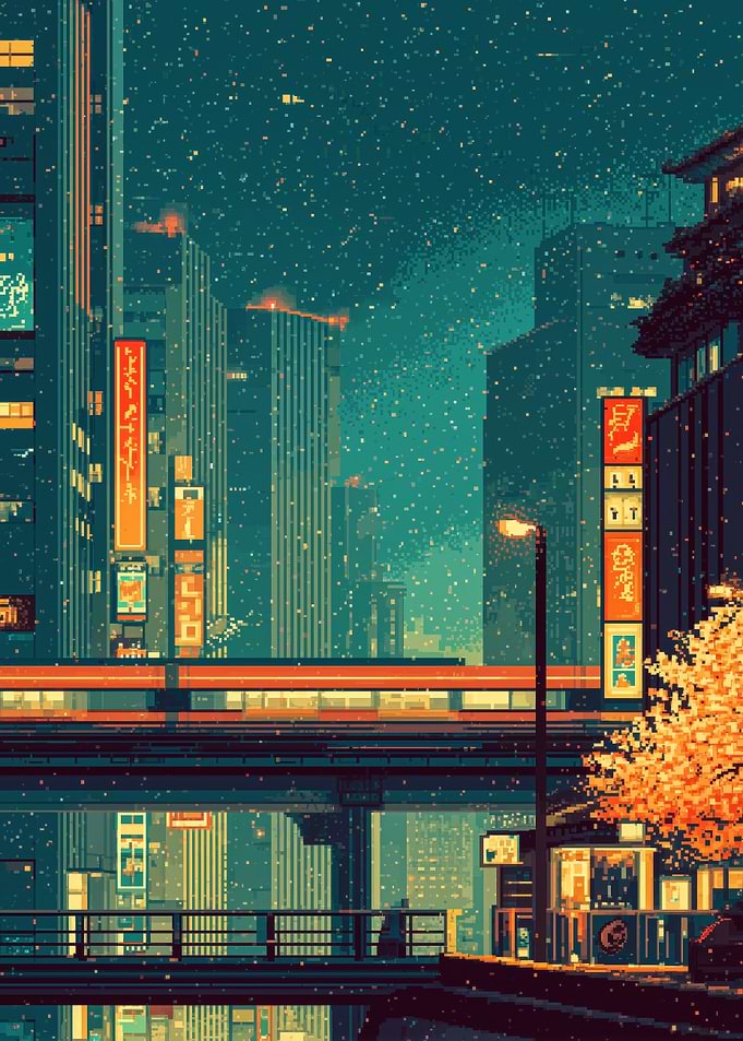 Pixel Art Japanese Cityscape at Night