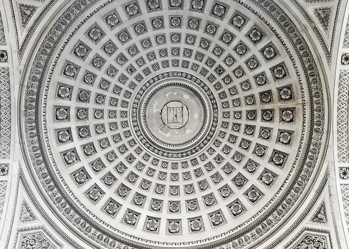 Interior design of the ornate dome of the Pantheon in Paris.