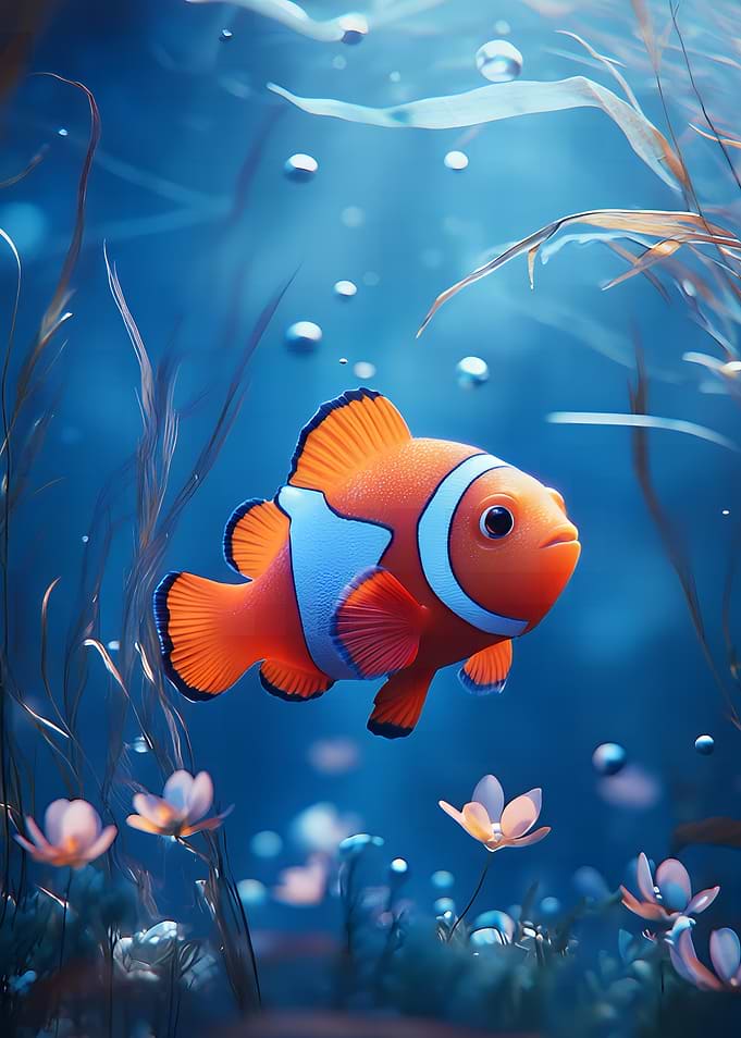 Clownfish in Blue Underwater Scene