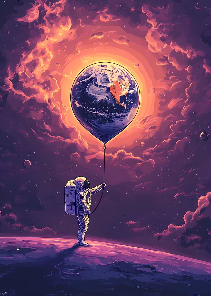 Astronaut Holding Earth Balloon in Space