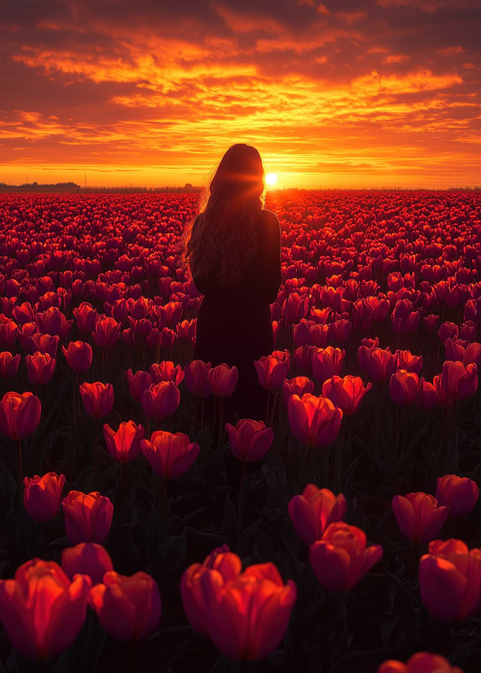 Tulip Field at Sunset with Woman