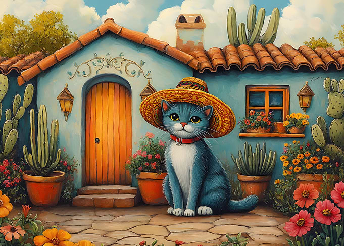 Cat with Sombrero in Mexican Courtyard