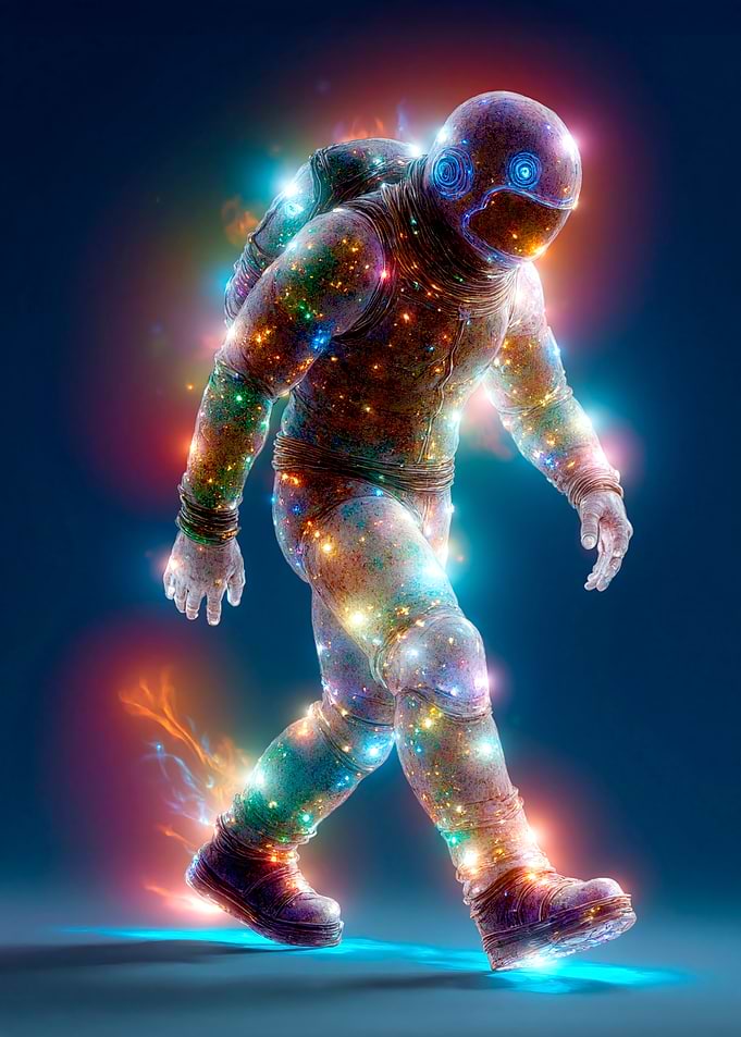 Astronaut walking with colorful light effects