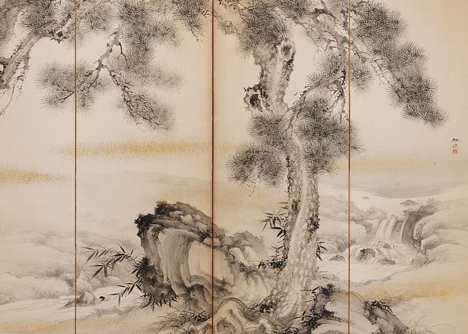 Japanese Landscape Painting with Pine Trees
