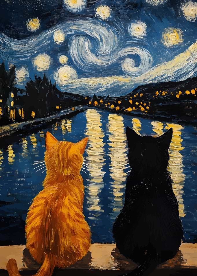 Cats under Starry Night Painting