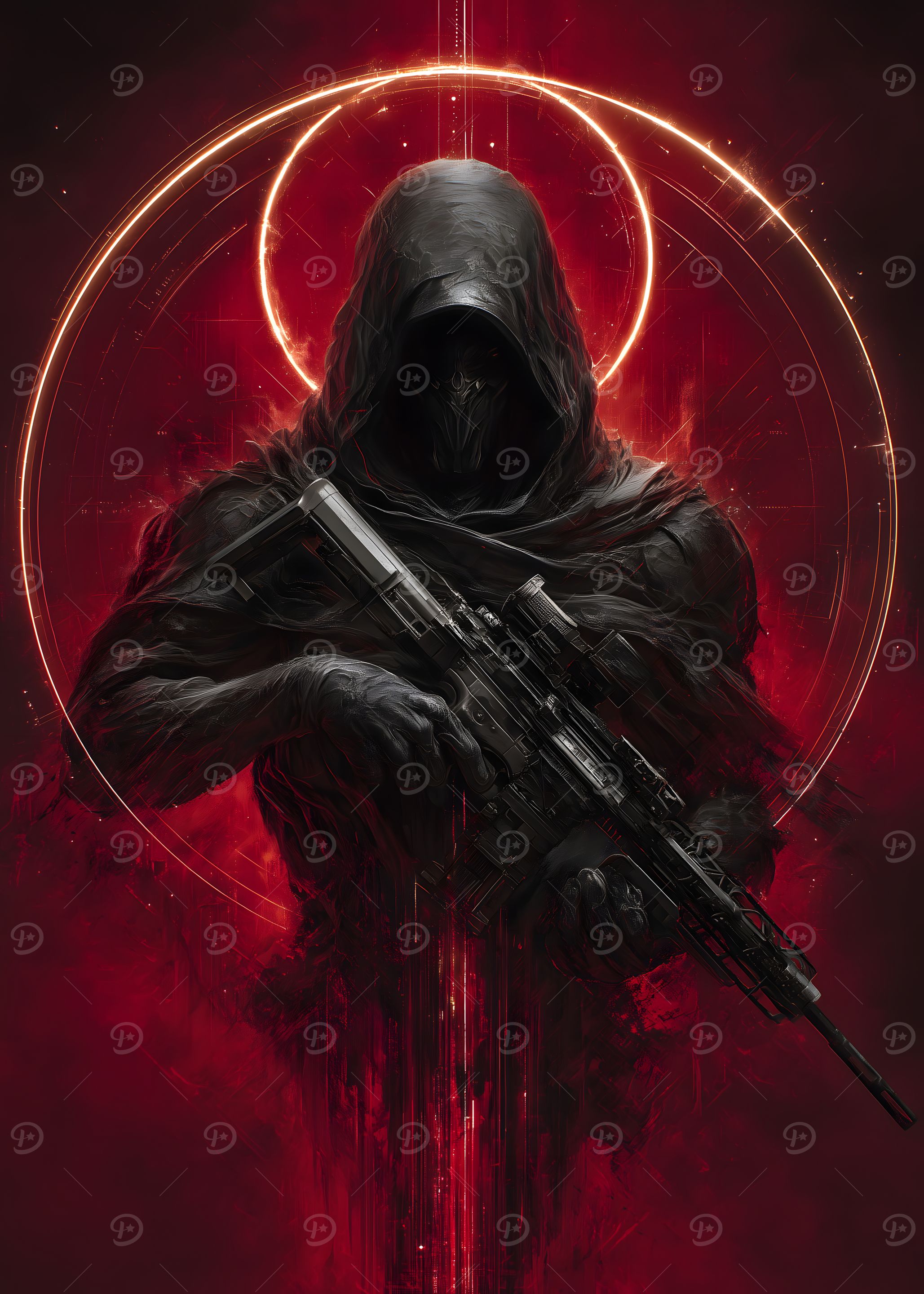 Hooded Figure with Rifle in Red