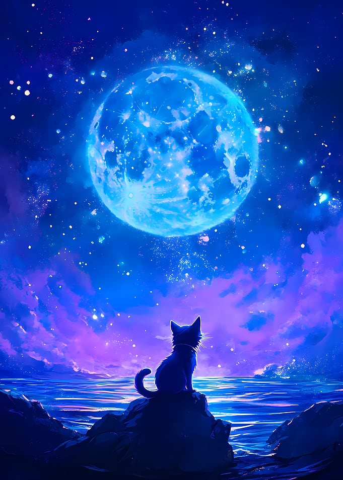 Cat gazing at the moon