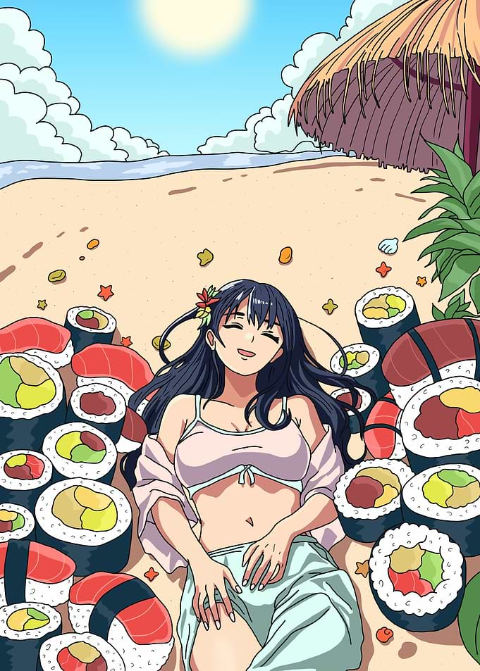 Anime Girl Surrounded by Sushi on Beach