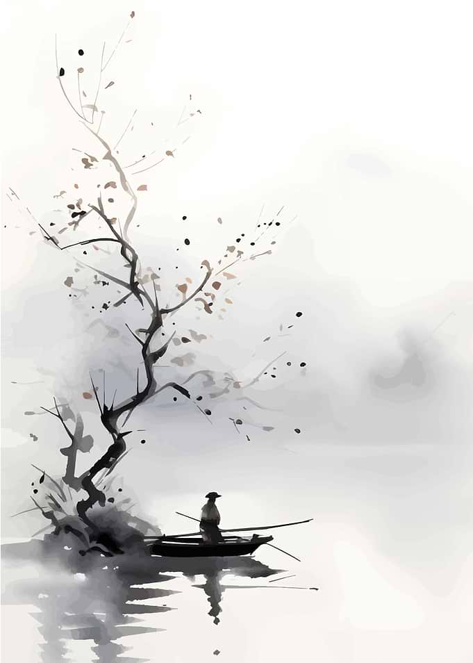 Ink Wash Painting of Fisherman in Boat