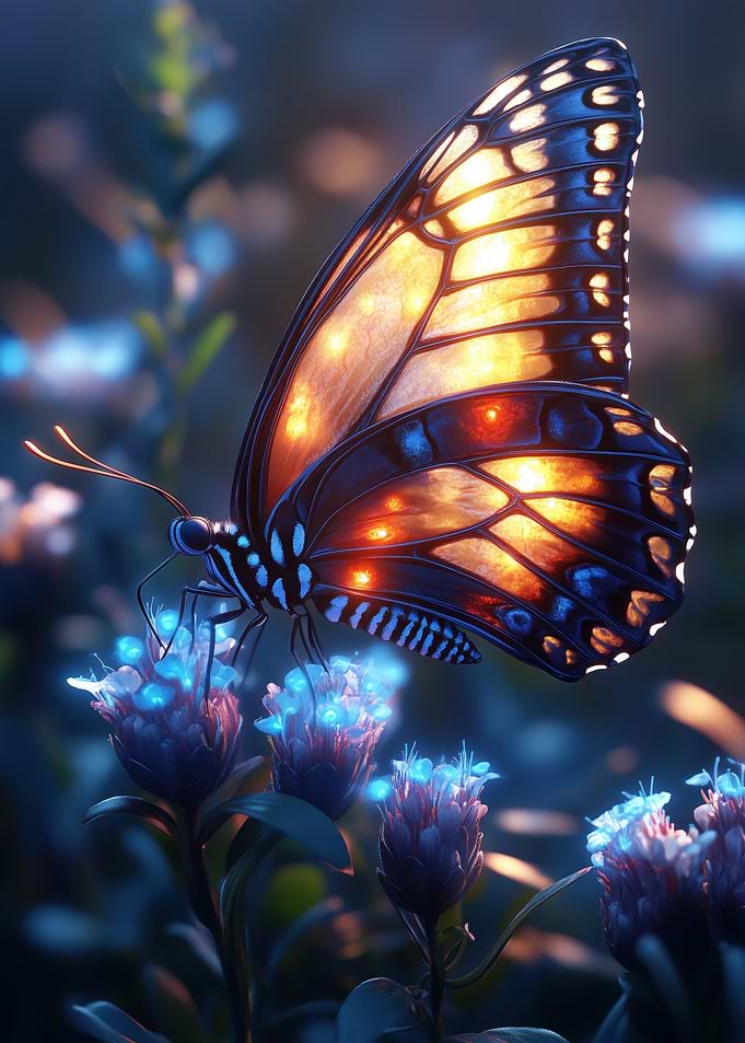 Glowing Butterfly on Flowers