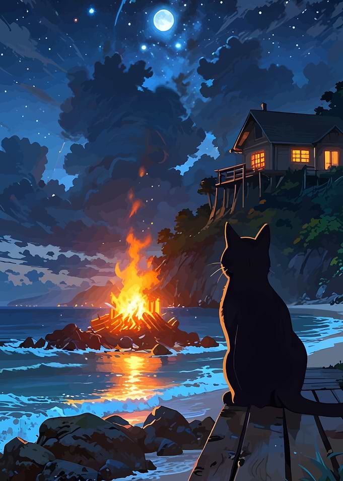 Night Beach Bonfire with Black Cat