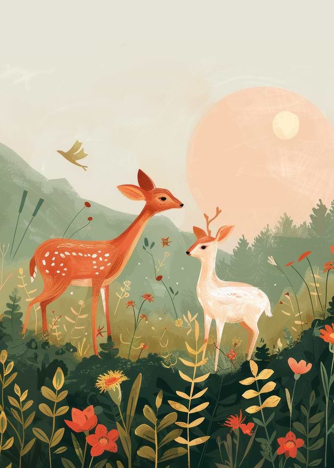 Two Deer in a Floral Meadow
