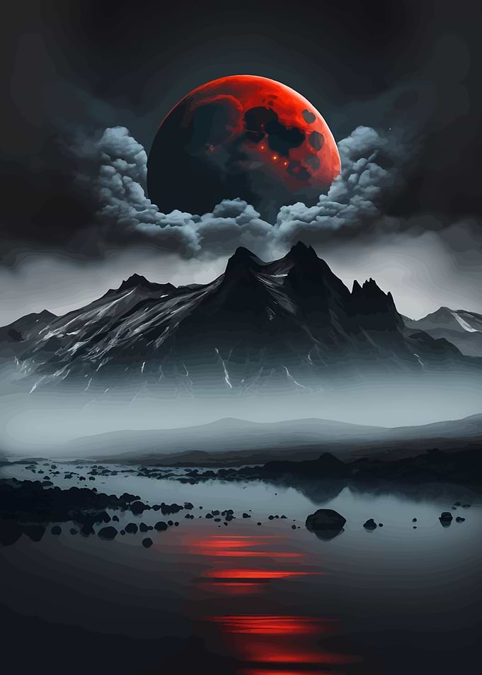 Red Moon Over Mountain Lake