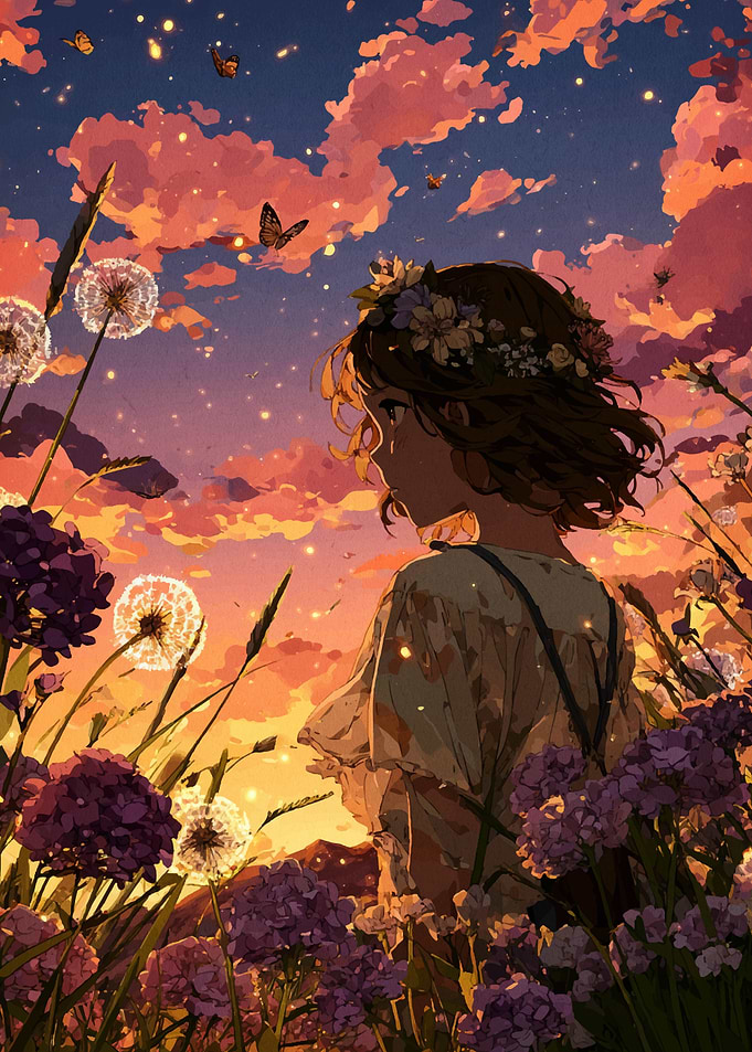 Girl in flower field at sunset