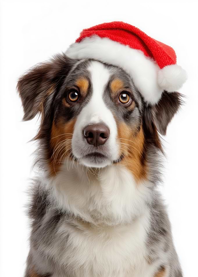 Australian Shepherd Dog with Santa Hat Portrait