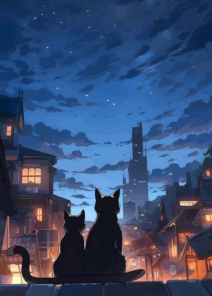 Cats Gazing at City Nightscape