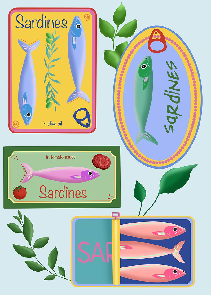 Colorful Sardines in Cans and Labels