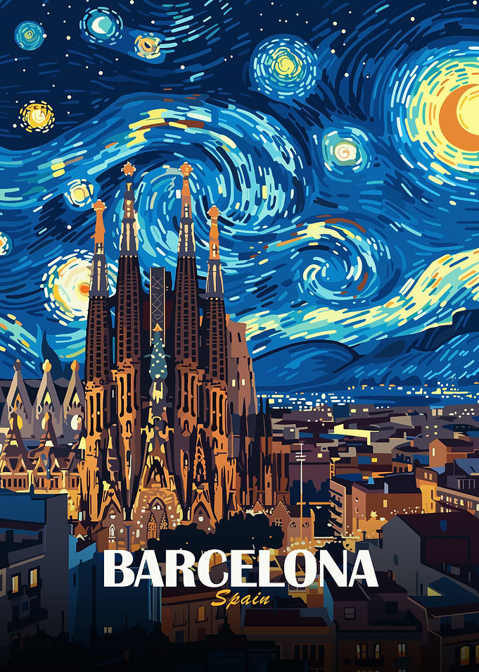 Barcelona Spain Sagrada Familia Night Art