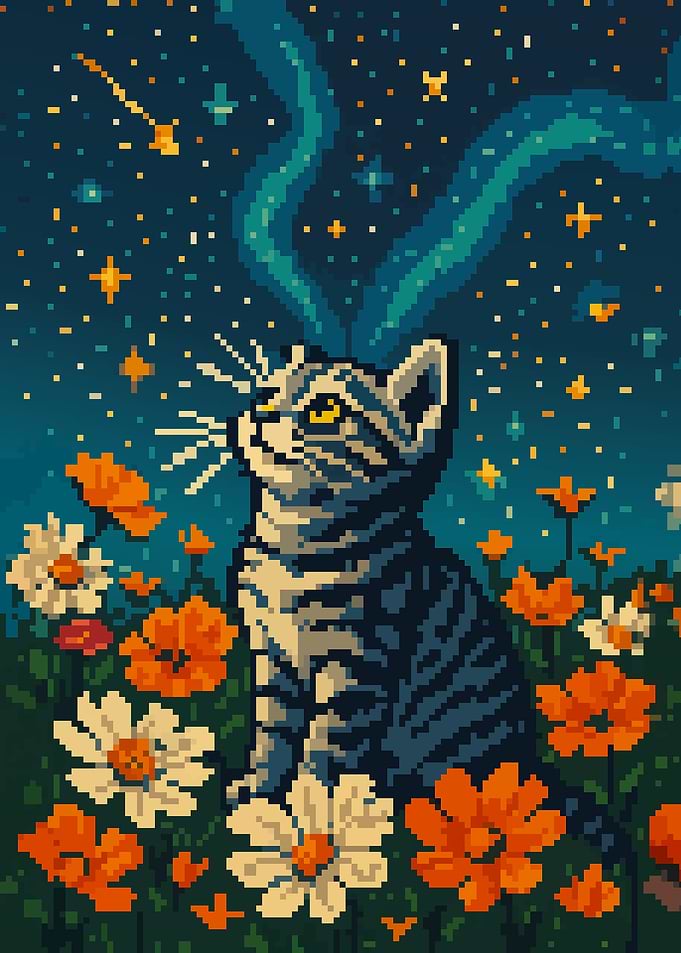 Retro Pixel Art Cute Cat in Flower Field Inspirational