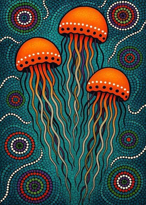 Jellyfish Dot Painting — dot painting style metal print