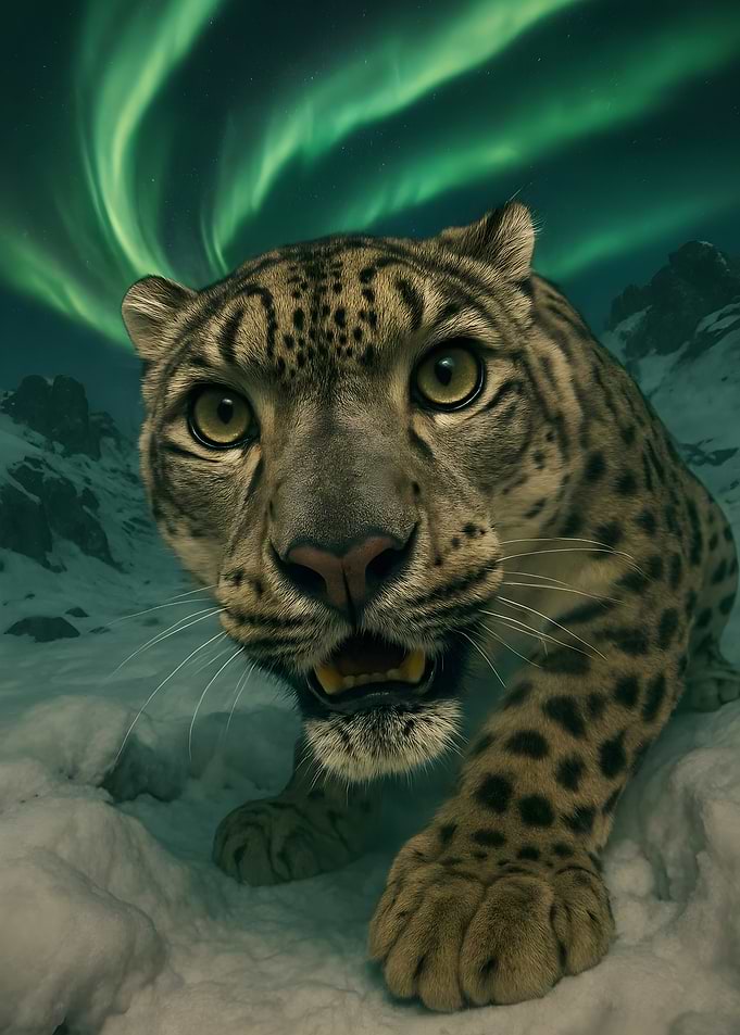 Snow Leopard under Aurora Borealis