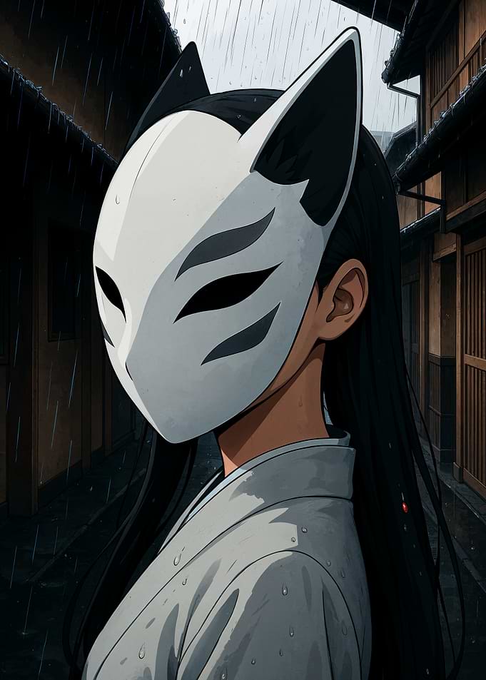 Anime Girl with Kitsune Mask in Rain